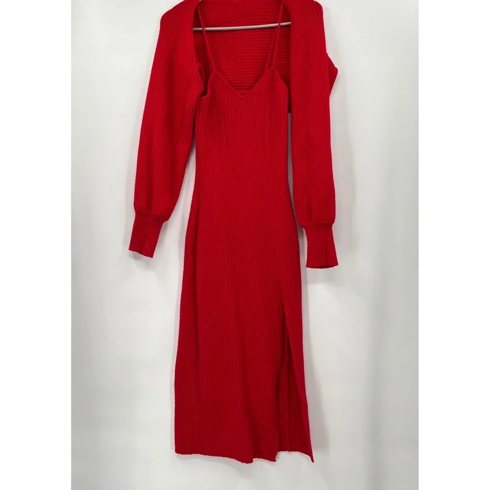 CIDER Red‎ Ribbed Knit Midi Dress with Matching Bolero Sweater Set XL